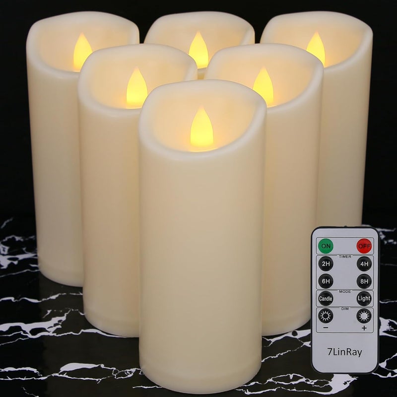 7LinRay Store 6 Pack 3"x7" Outdoor Waterproof Flameless Candles with Remote and Timer, Battery Operated Flickering LED Pillar Candles for Wedding Halloween Lantern Decoration, Ivory Plastic - Image 1